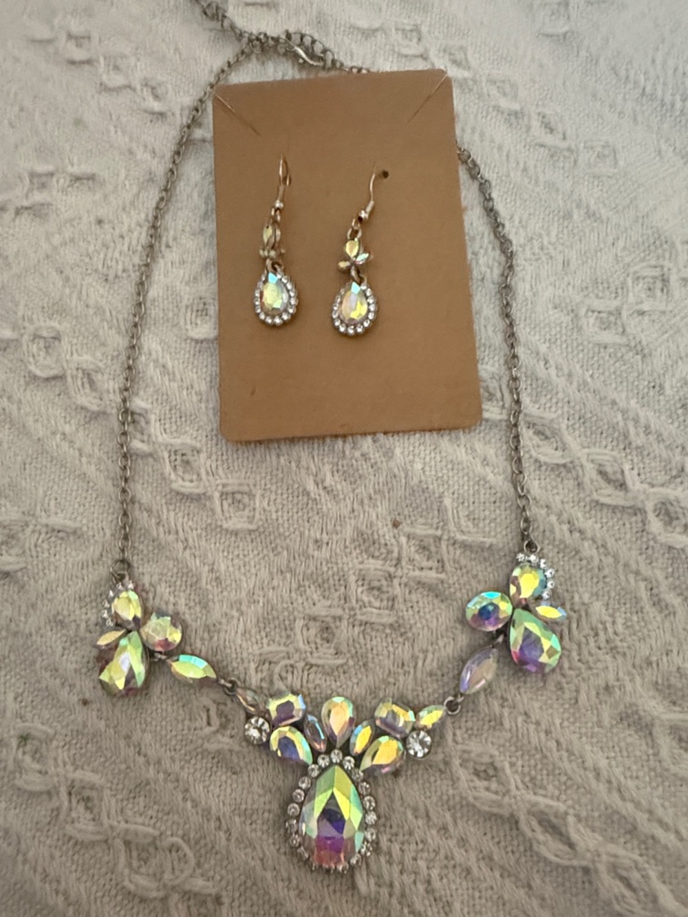 Iridescent Crystal Floral Teardrop Necklace - Silver Tone Set